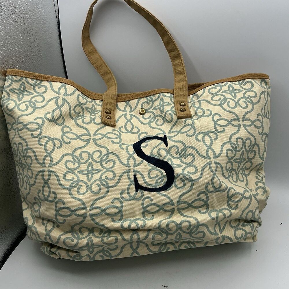 Large Canvas Tote Bag Monogram Letter S Blue White Pattern Beach Travel Bag